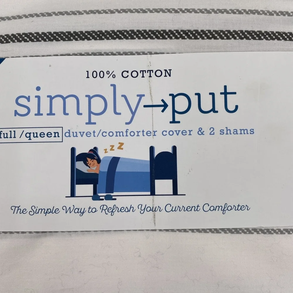 Simply Put Duvet Set FULL/QUEEN White Gray Ticking Stripe 100% Cotton Crisp
